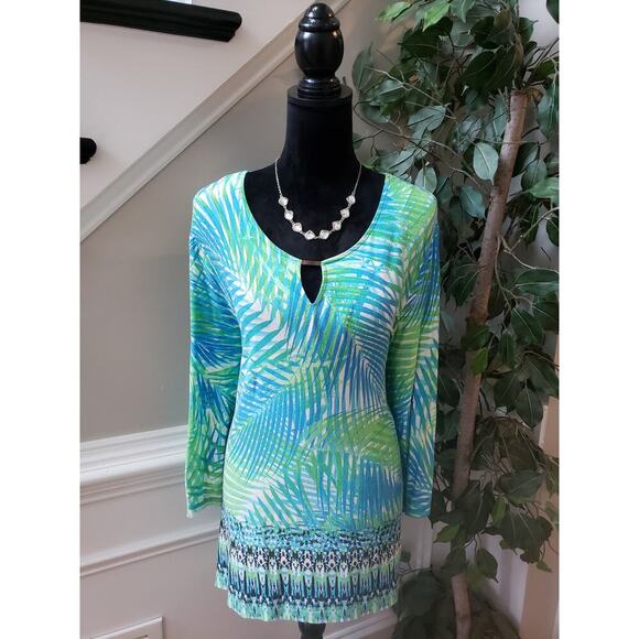 Ruby Rd. Blouse Top Womens XL White Blue Palm Leafs Side Slit Keyhole Round Neck - Picture 2 of 13